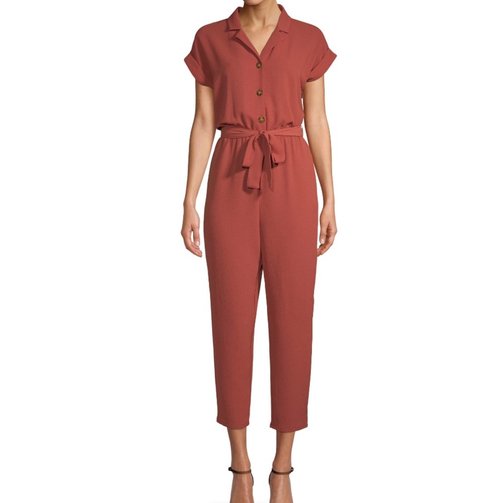 Button front tie waist jumpsuit NWT